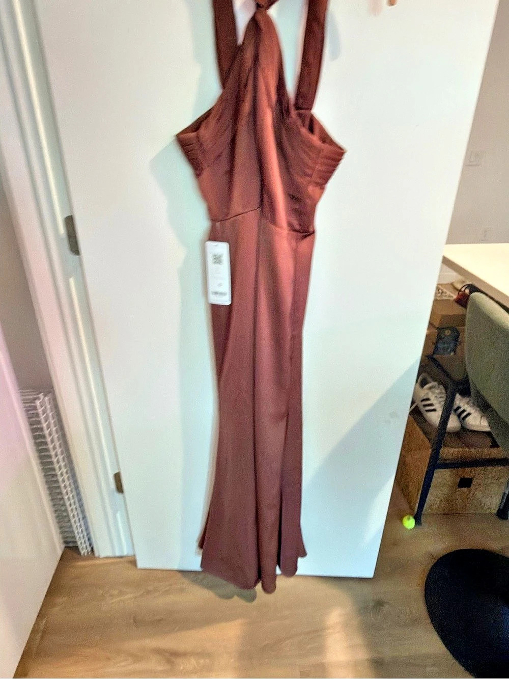 Azazie Ru Pleated Halter Maxi Dress in Brown Size 4 NWT